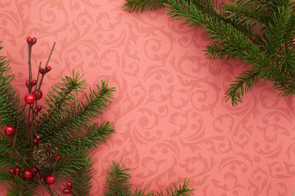 Free Image of Pink decorative background with pine branches and berries 