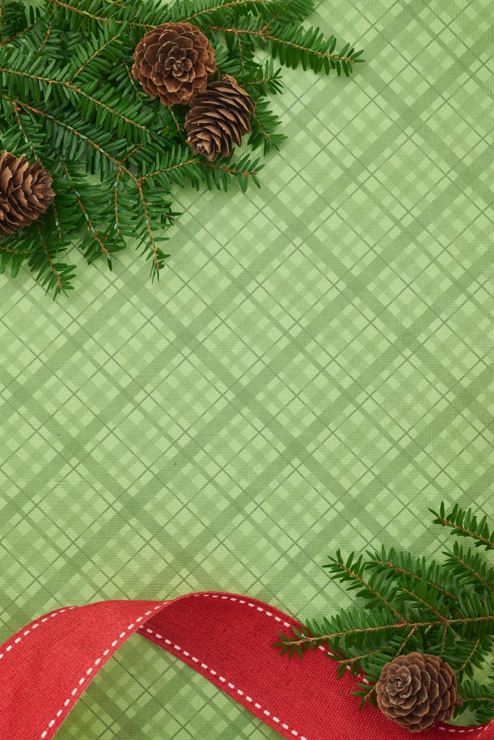 Free Image of Green festive background with pine cones and ribbon. 
