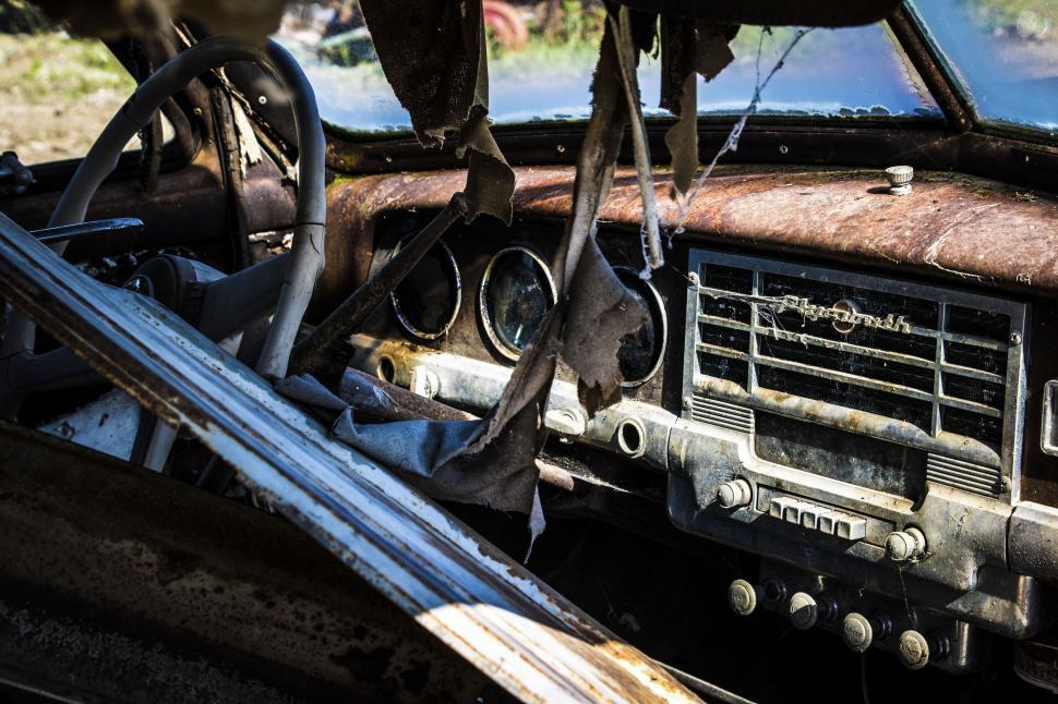 Free Image of Interior of abandoned and decaying vintage car 