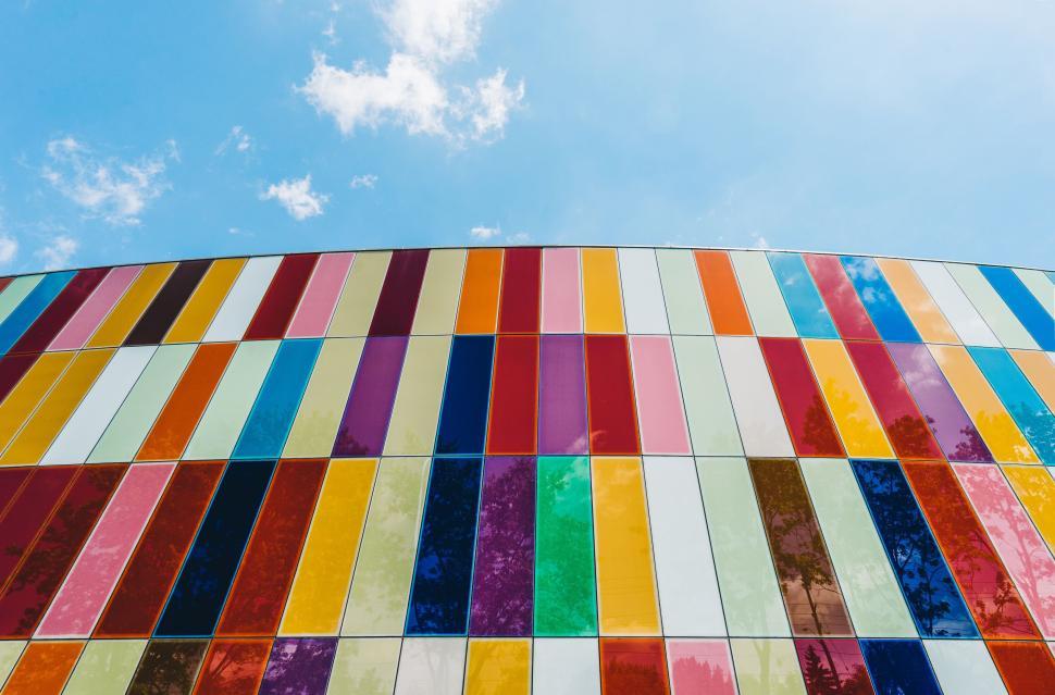 Free Image of Colorful panels of a modern building under blue sky 