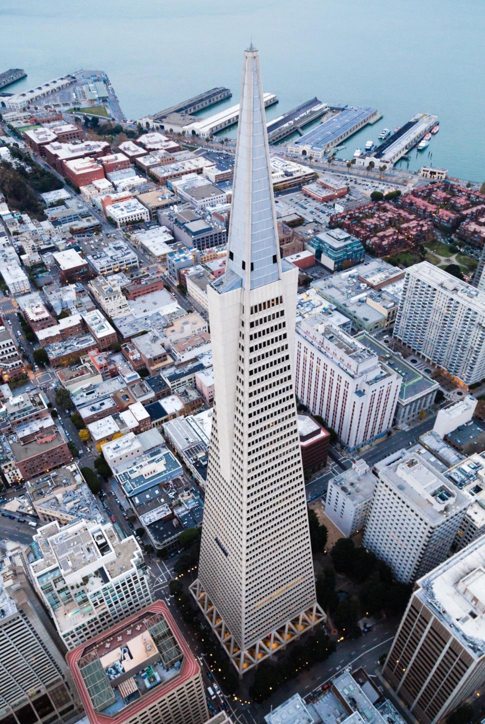Free Image of Aerial view of Transamerica Pyramid in midday sun. 