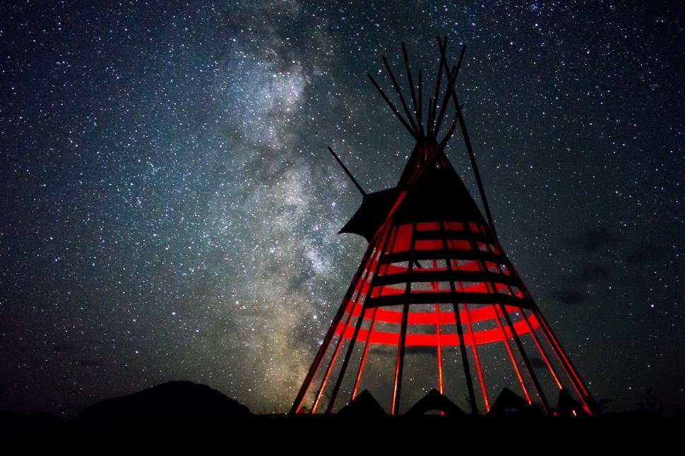 Free Image of Illuminated tipi with starry night sky in background 