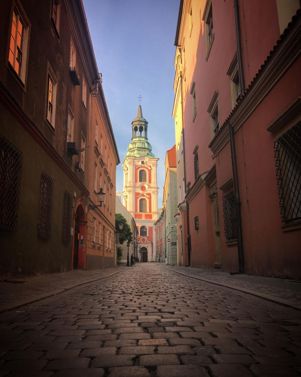 Free Image of Cobbled street leading to an ornate historical building 