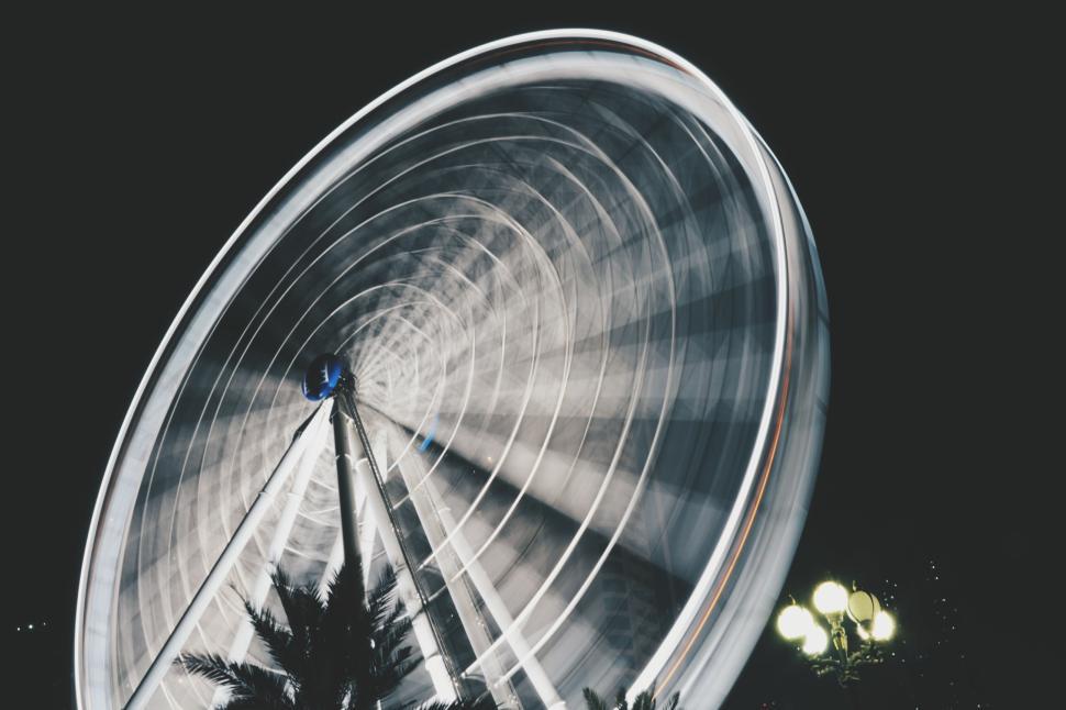 Free Image of Large Ferris wheel in motion at night with blurred lights. 