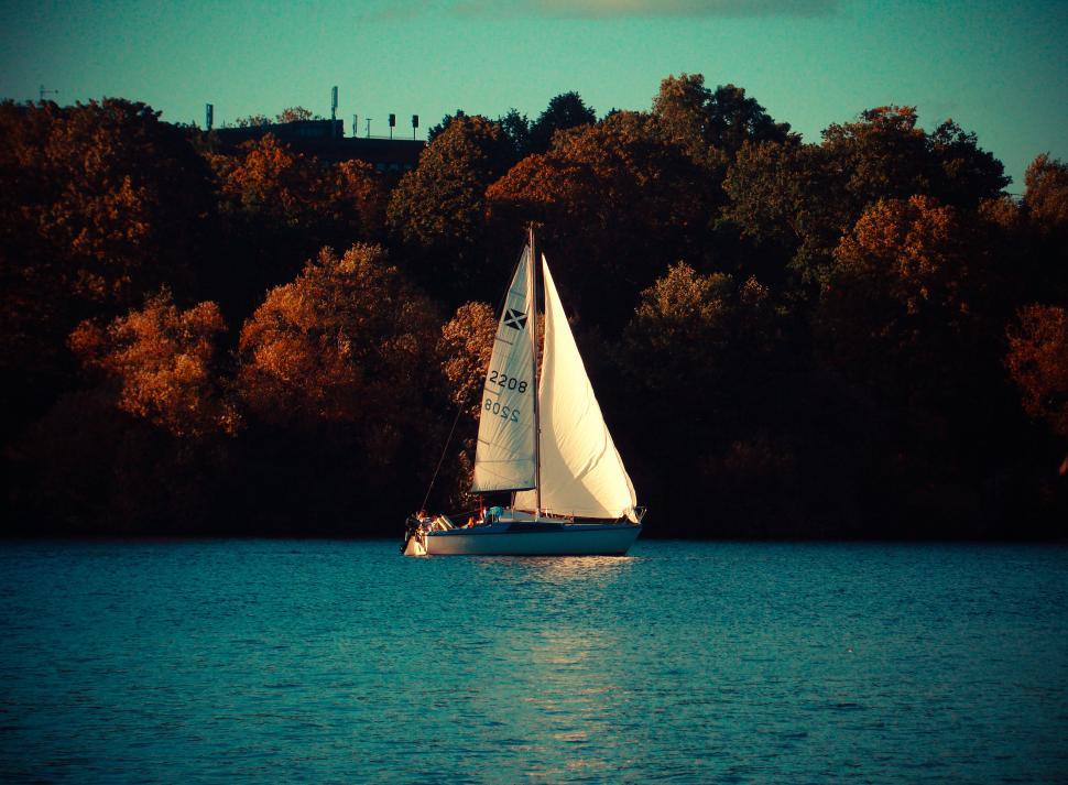 Free Image of White sailboat gliding on calm water with trees behind 