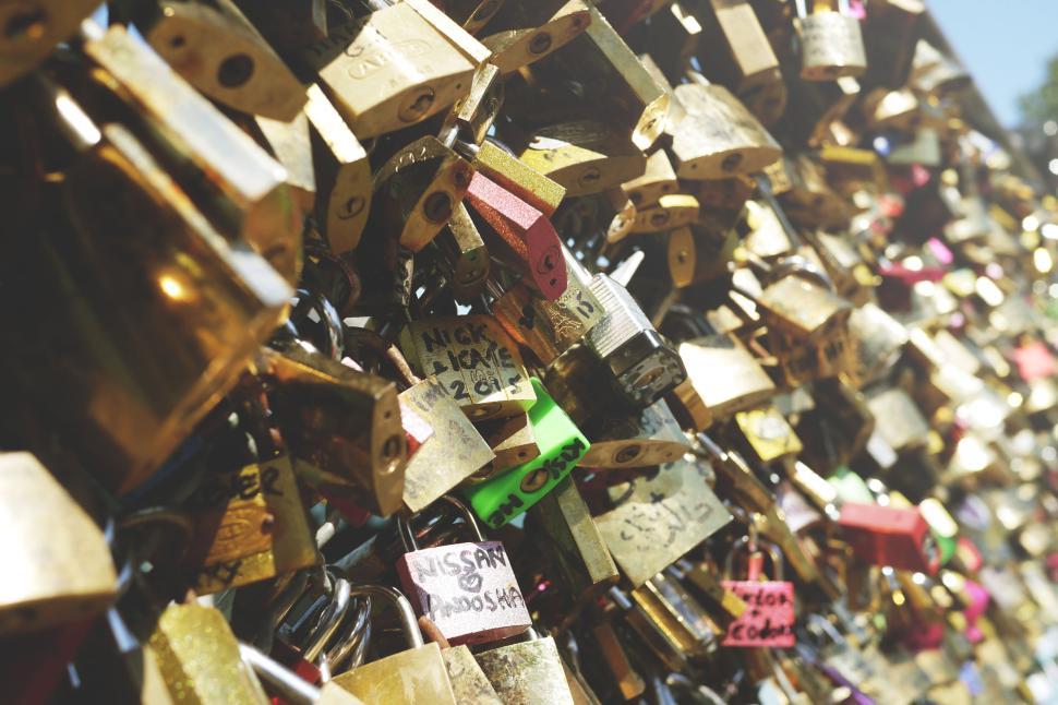 Free Image of Close-up view of numerous love locks on fence 