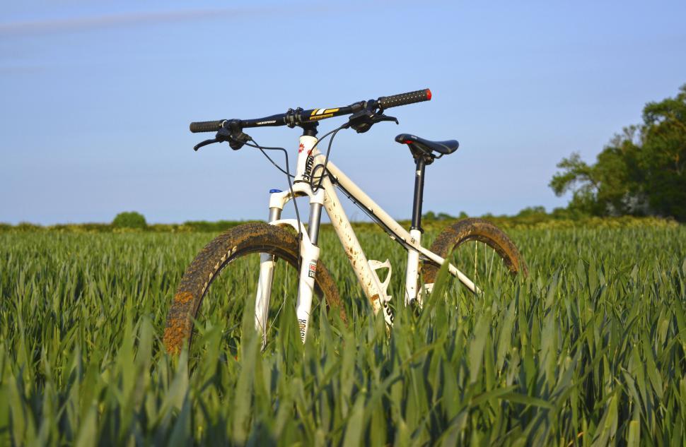 Free Image of Close-up of mountain bike in lush green field outdoors 
