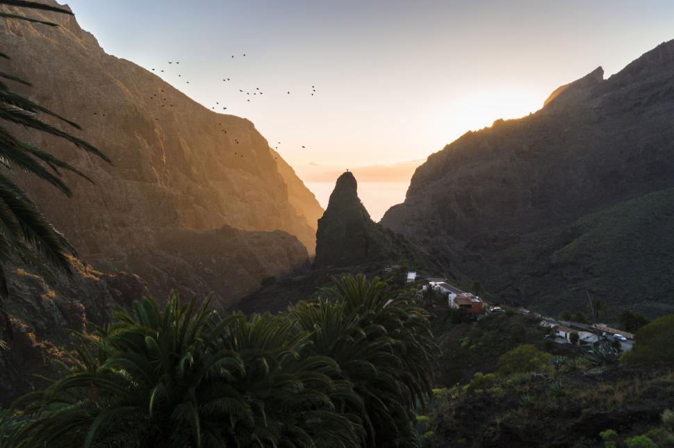 Free Image of Stunning mountain landscape at sunrise with birds flying 