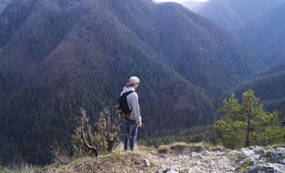 Free Image of Person hiking in forested mountains with backpack on 