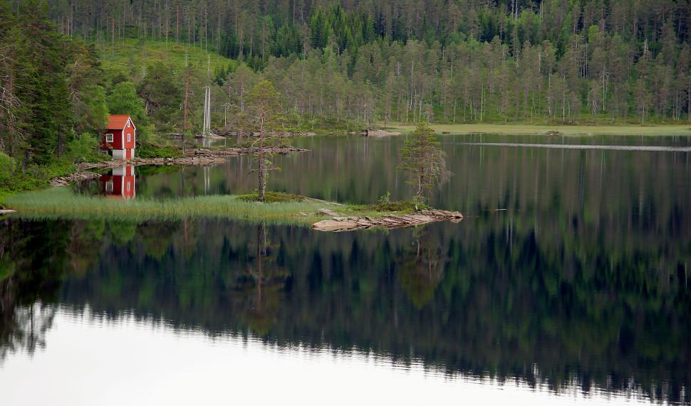 Free Image of Red cabin by lake amidst lush greenery and forests 