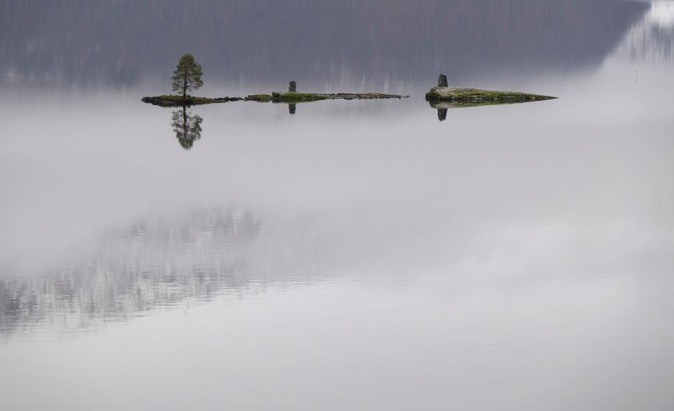 Free Image of Small islands with trees and mirrored reflections on water. 