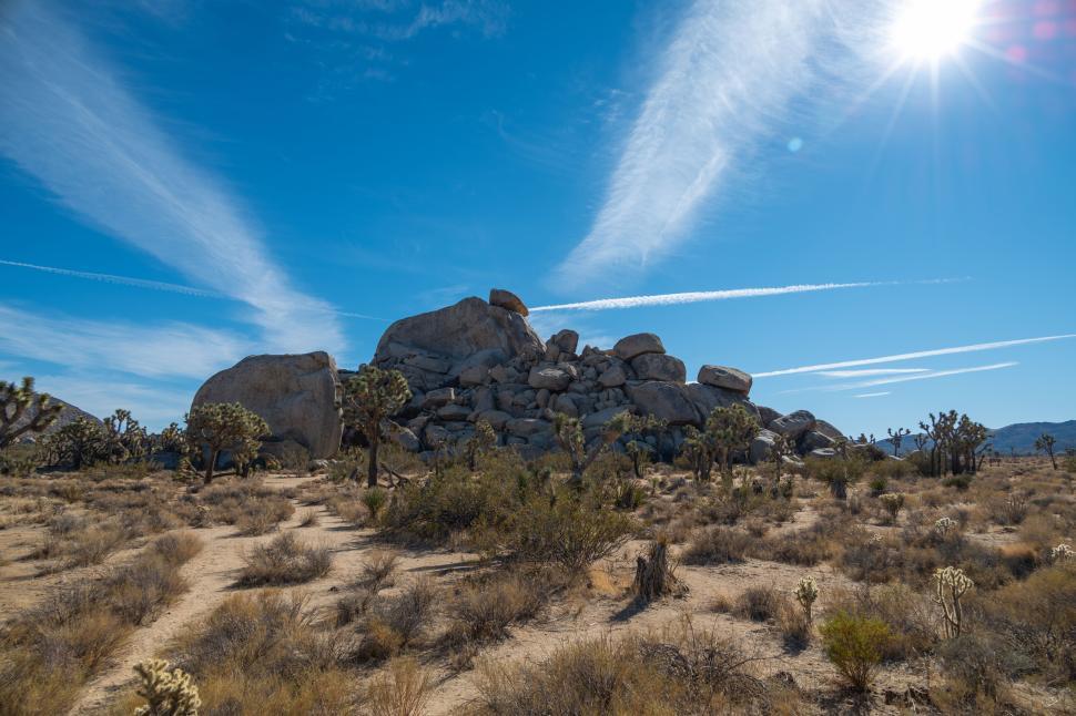 Free Image of Desert landscape with rocky boulders under clear blue sky 
