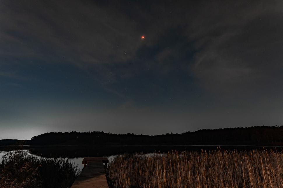 Free Image of Red-tinted moon in a cloudy night over a lake 