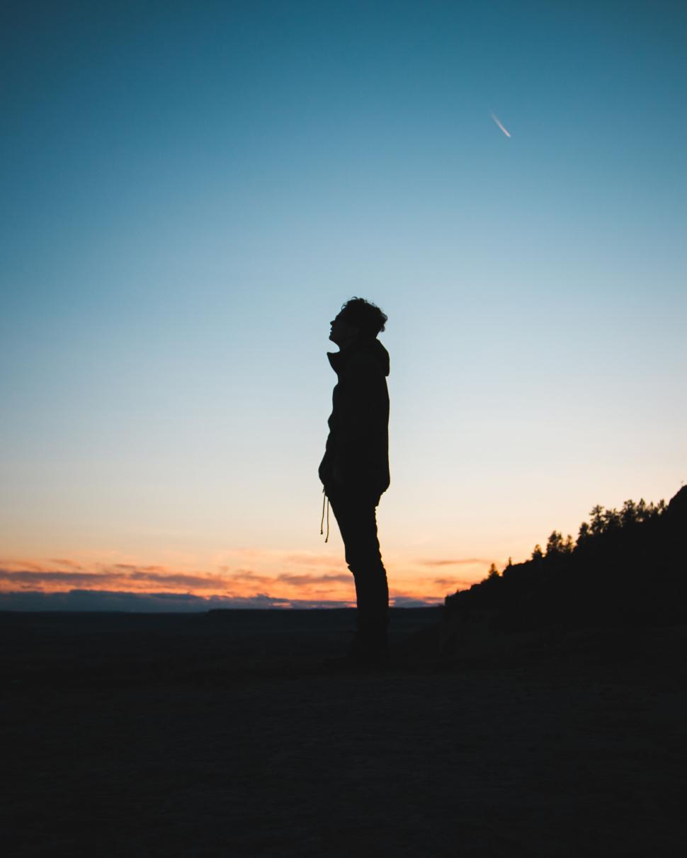 Free Image of Silhouette of person at sunset with clear sky background 