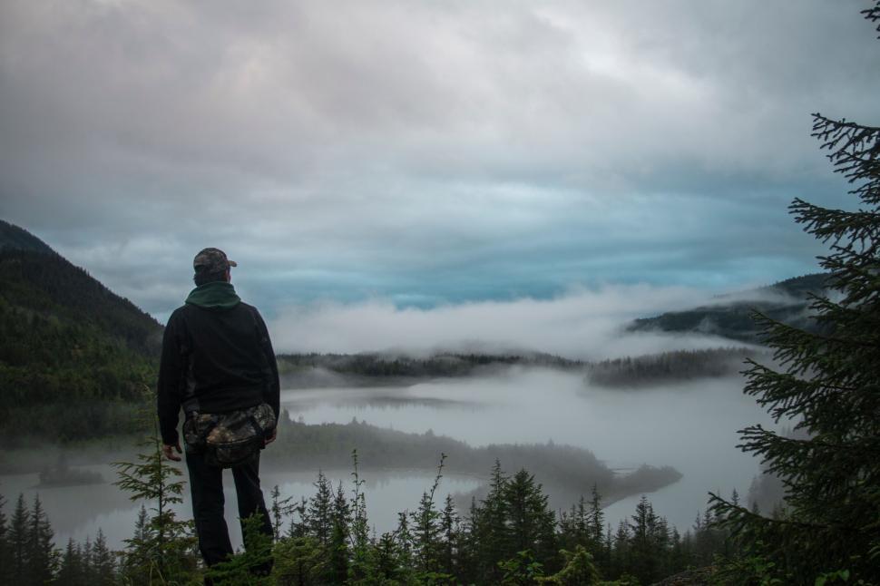 Free Image of A solitary person gazing at the fog over a forested valley. 