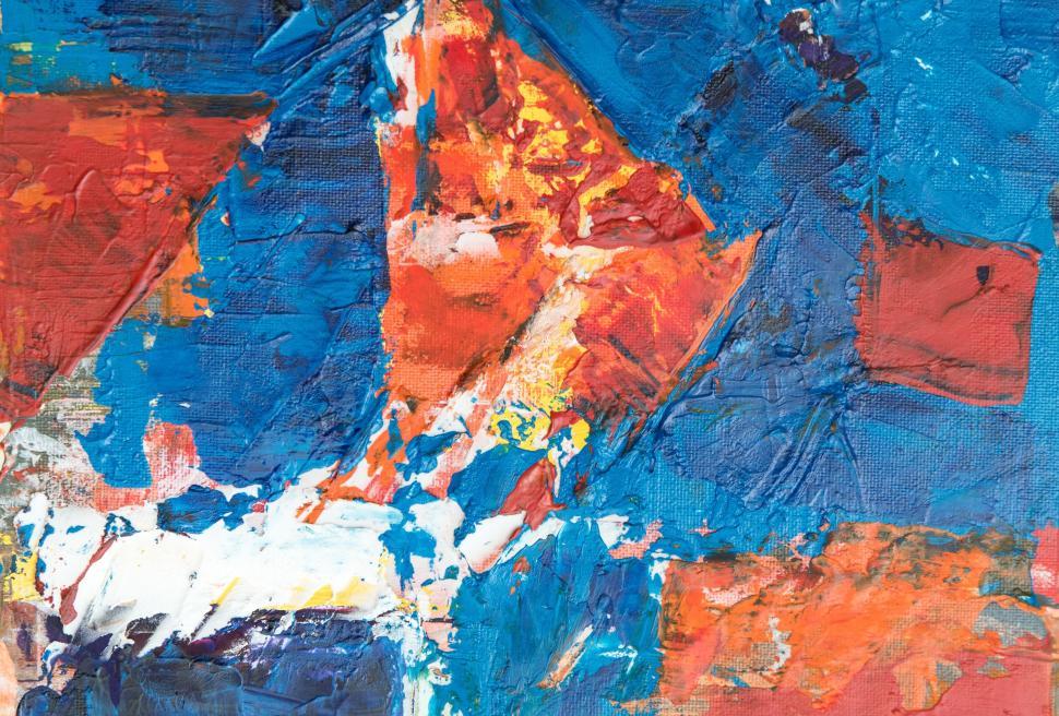 Free Image of Dynamic blue, red, and white abstract painting artwork. 