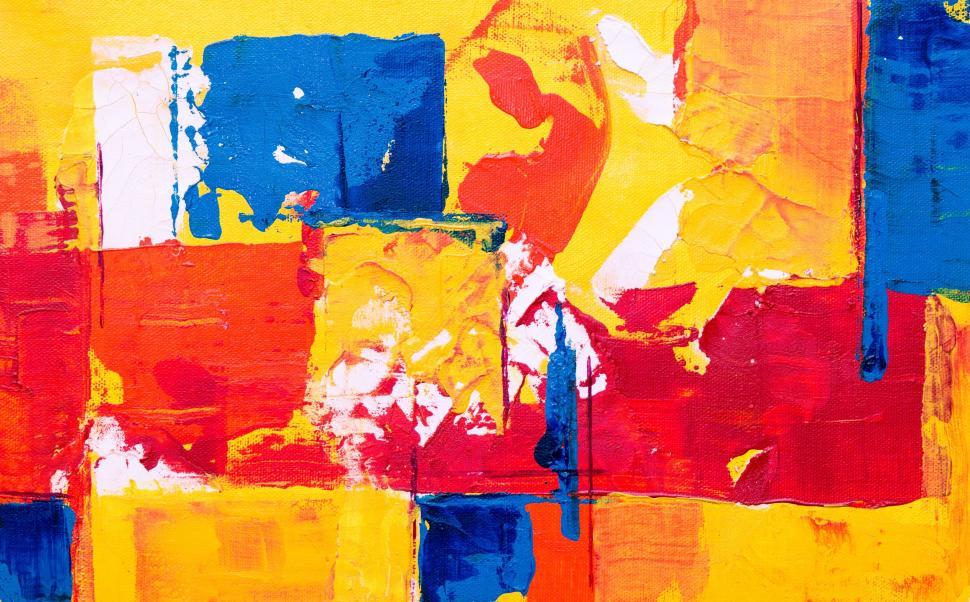 Free Image of Abstract painting with a mix of yellow, red, and blue blocks. 