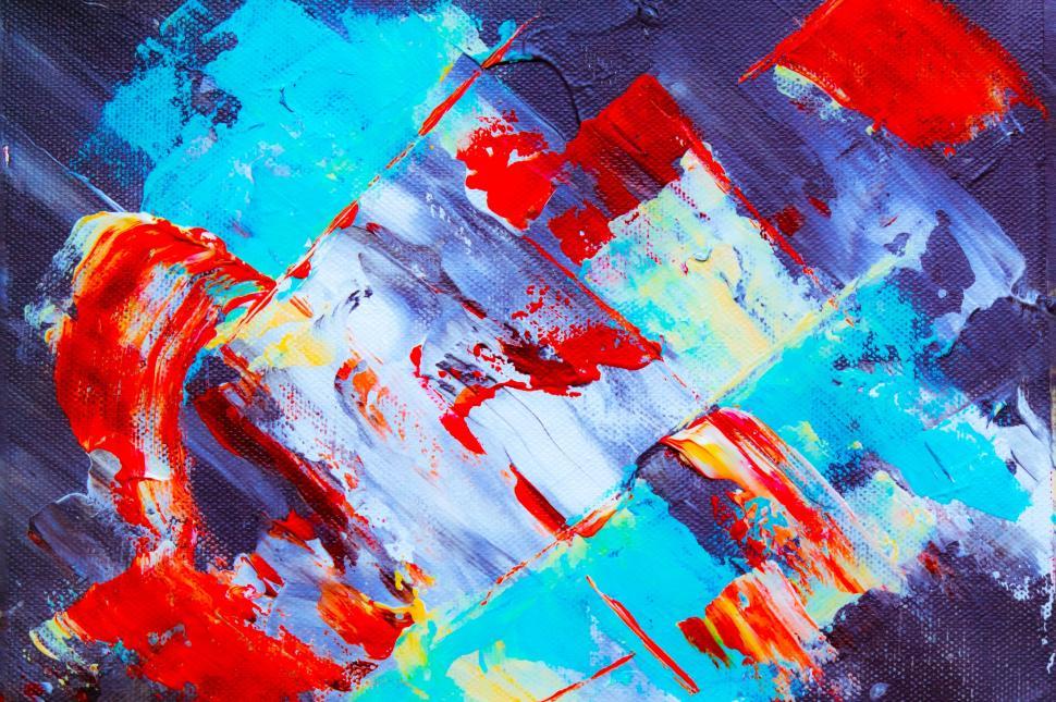 Free Image of Dynamic abstract painting with blue, red, and white colors 