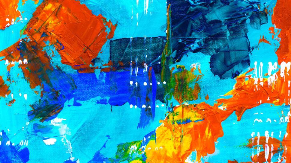 Free Image of Vibrant abstract painting with blue and orange brushstrokes 