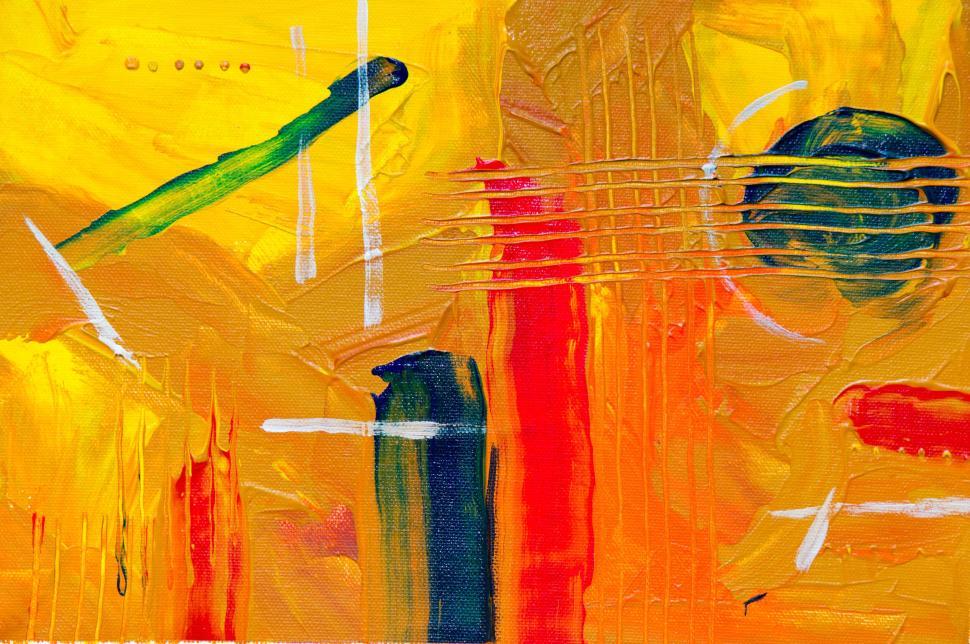Free Image of Bright abstract painting with yellow, red, and green hues 