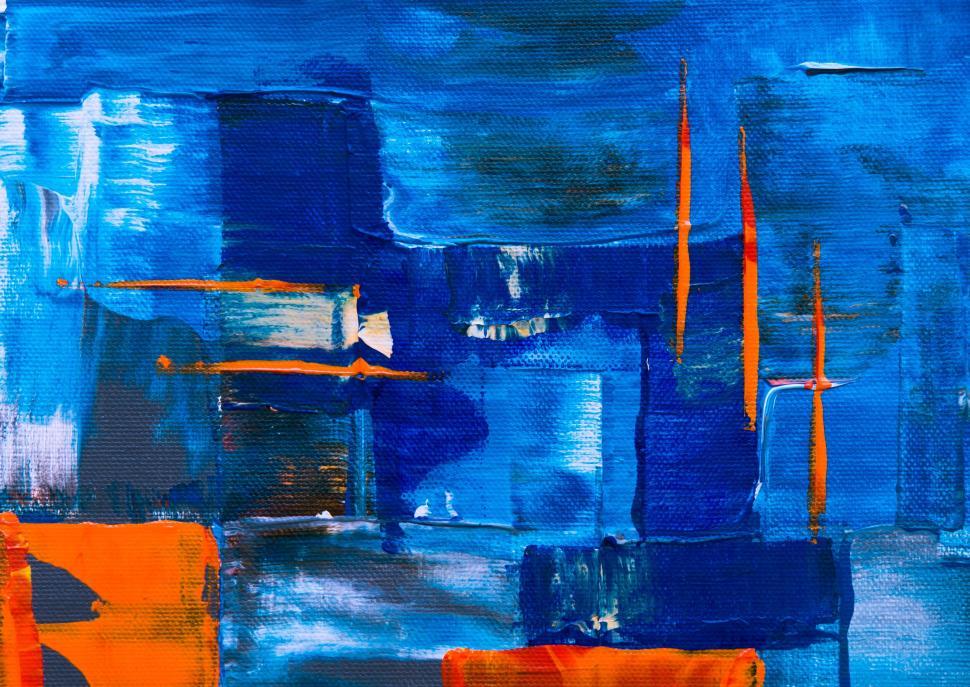 Free Image of Vibrant blue abstract painting with orange accents 