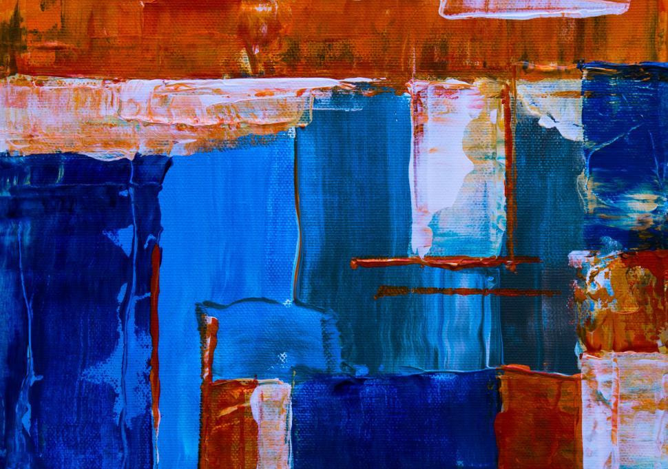 Free Image of Complex abstract with interwoven blue, orange, white hues 