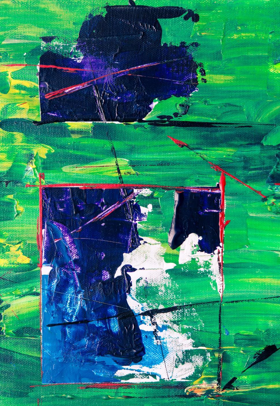 Free Image of Green and blue abstract painting with red and purple strokes 