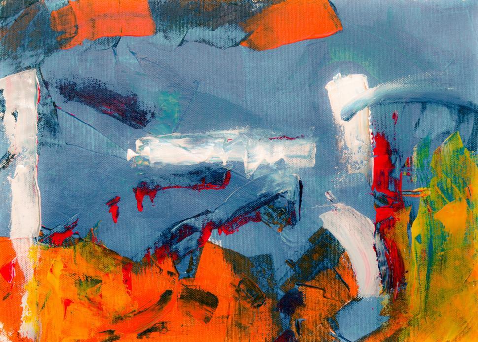 Free Image of Bold abstract painting with blue, red, orange, and white 