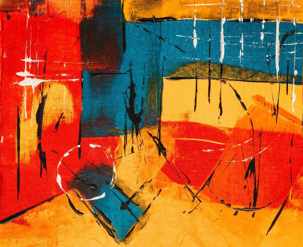 Free Image of Warm abstract painting with red, orange, and teal shades 