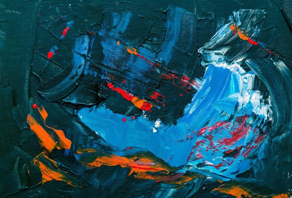 Free Image of Abstract painting with bold blue, orange, red hues. 