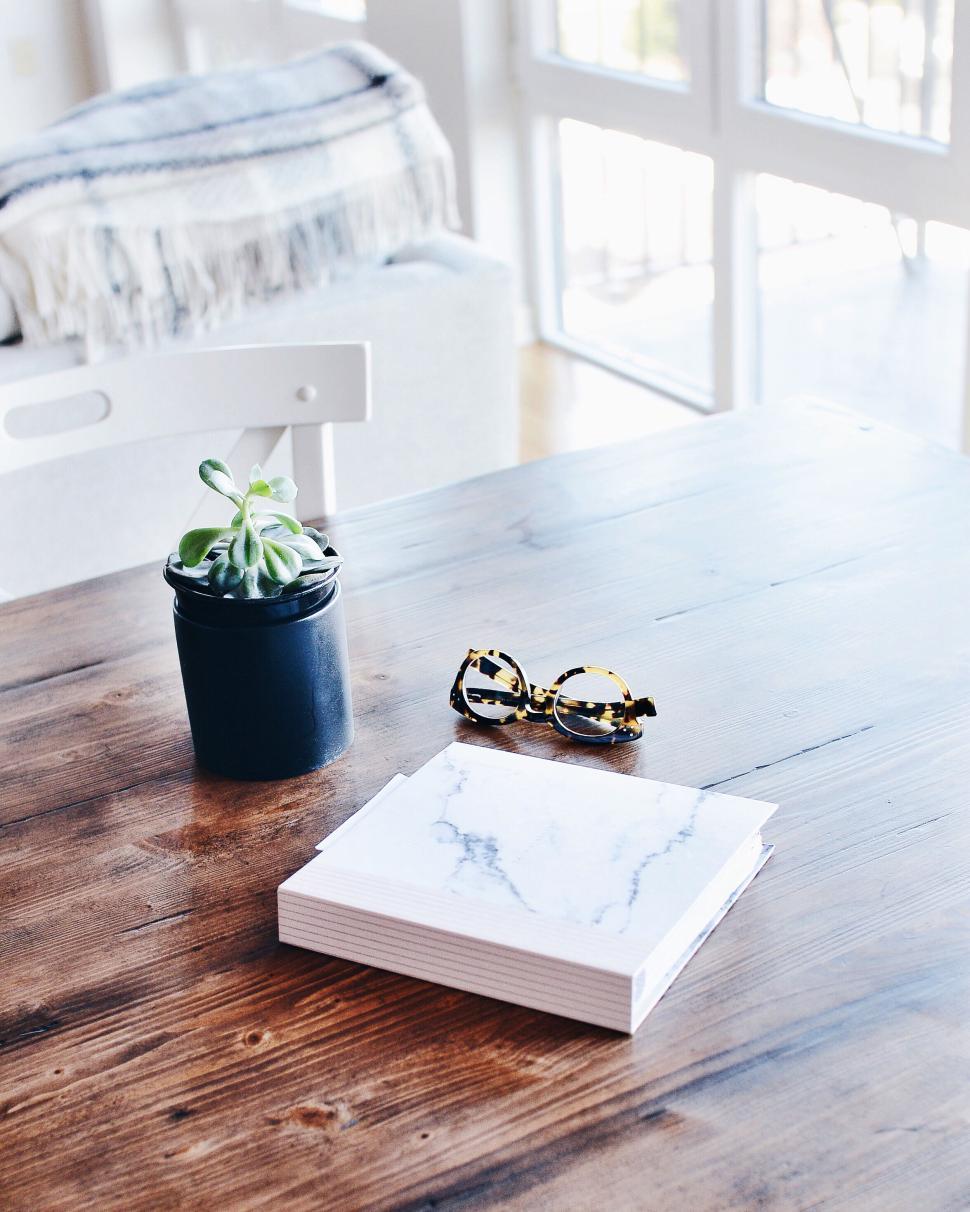 Free Image of Wooden table, glasses and succulent, bright interior. 