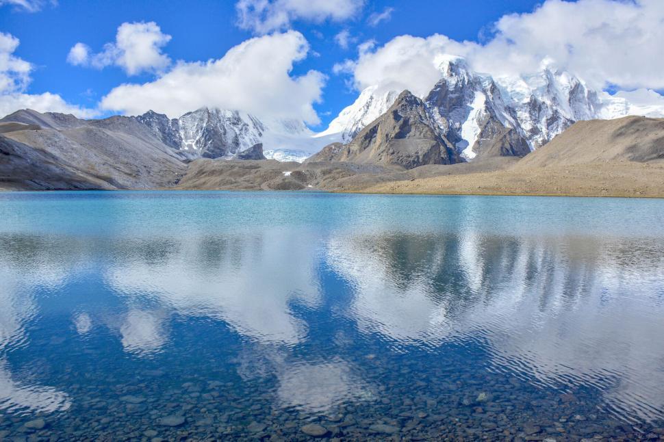 Free Image of Pristine mountain lake reflecting snowy peaks and sky. 