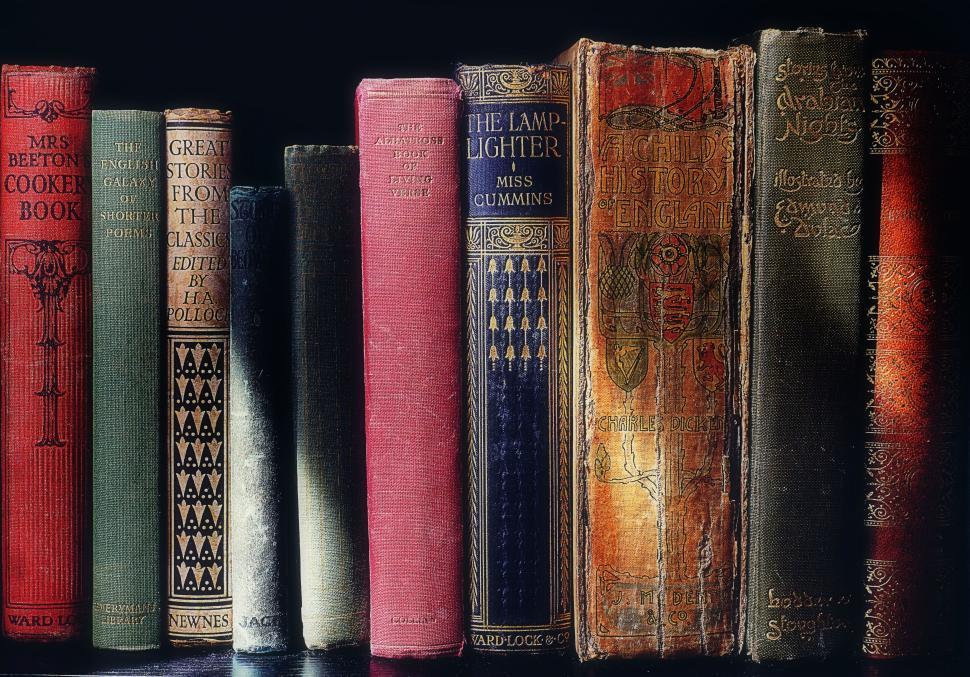 Free Image of Vintage books aligned in a row, showing worn covers. 
