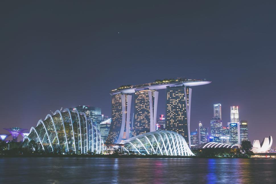 Free Image of Singapore skyline with landmark buildings at night. 