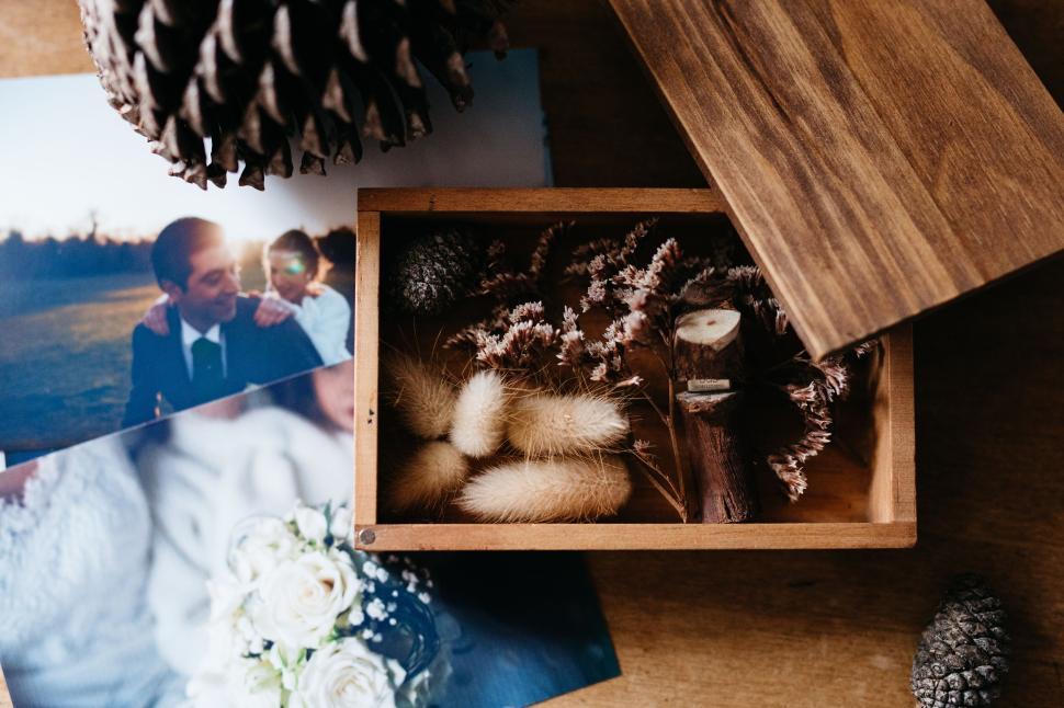 Free Image of Vintage wooden box with keepsakes and mementos inside 