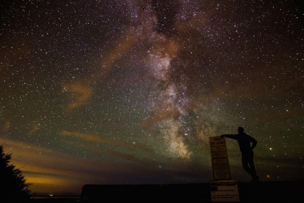 Free Image of Silhouette of person stargazing under Milky Way sky. 
