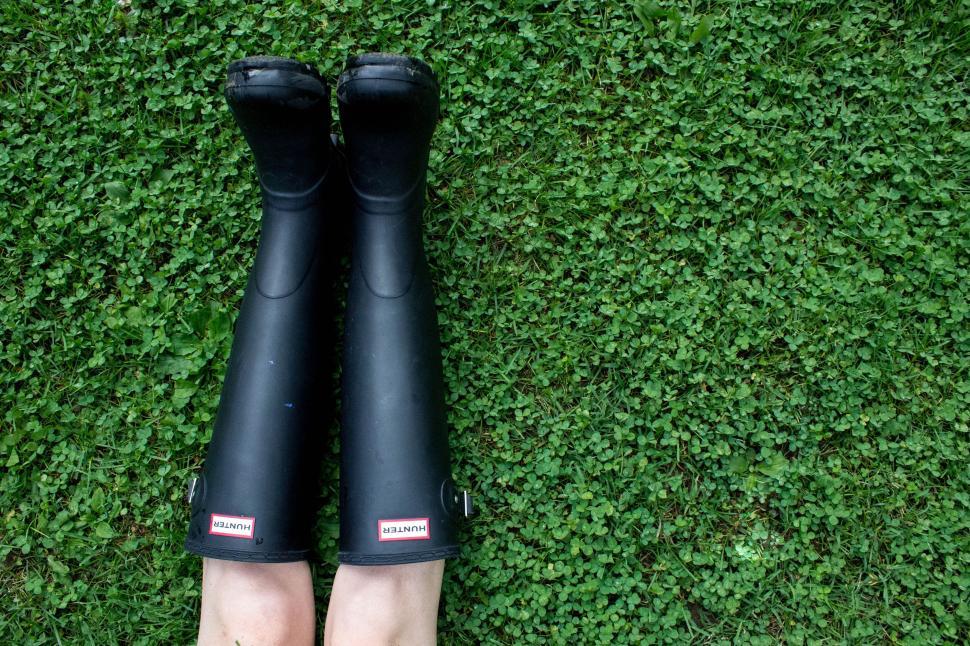 Free Image of Pair of black rain boots standing upright on green grass. 