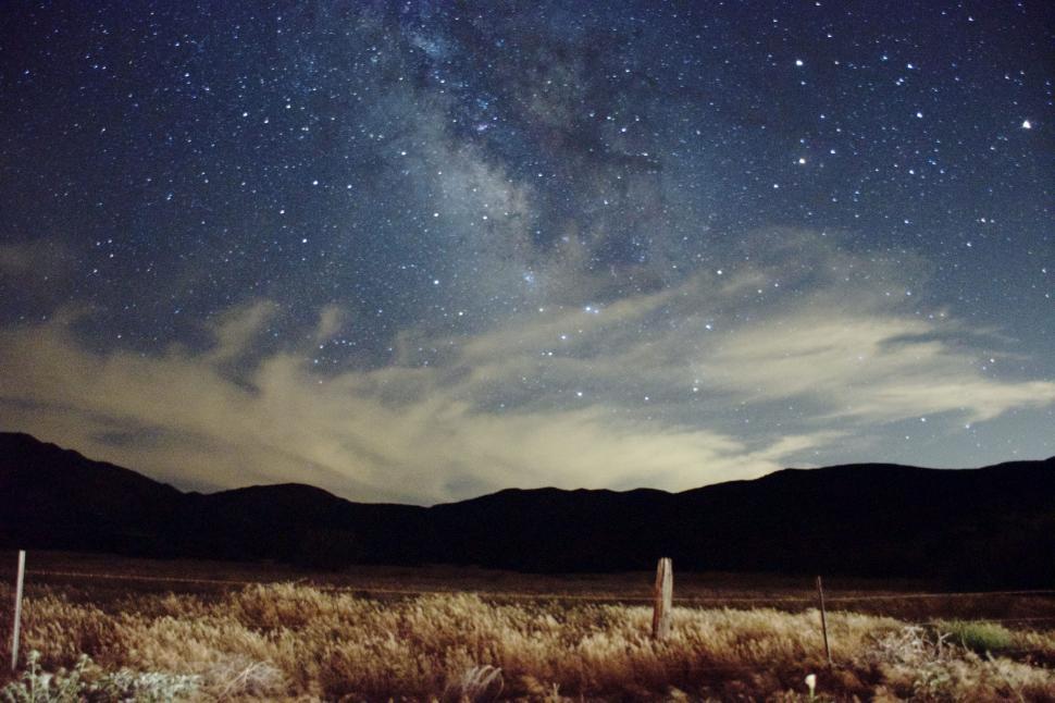 Free Image of Night sky filled with stars and faint Milky Way over mountains 