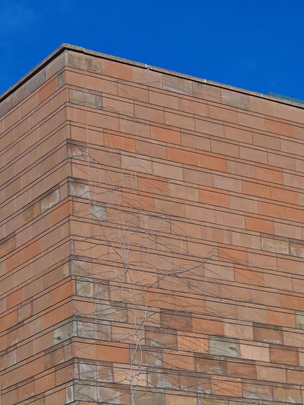 Free Image of Red brick building corner with clear blue sky in backdrop 