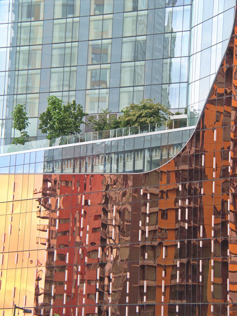 Free Image of Urban buildings with mirrored reflections and greenery 