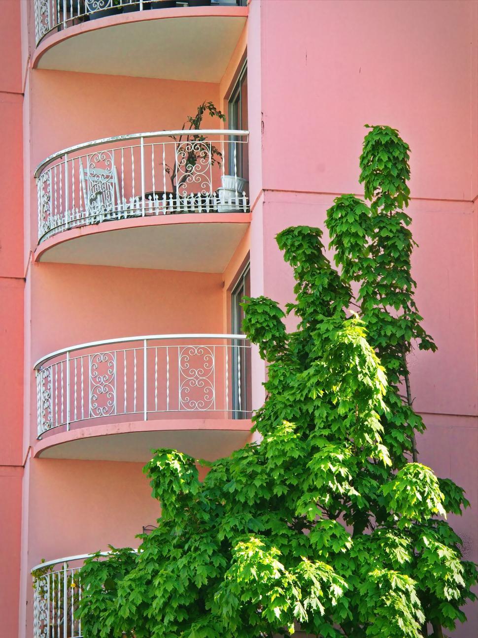 Free Image of Pink building with curved balconies and lush green plant. 