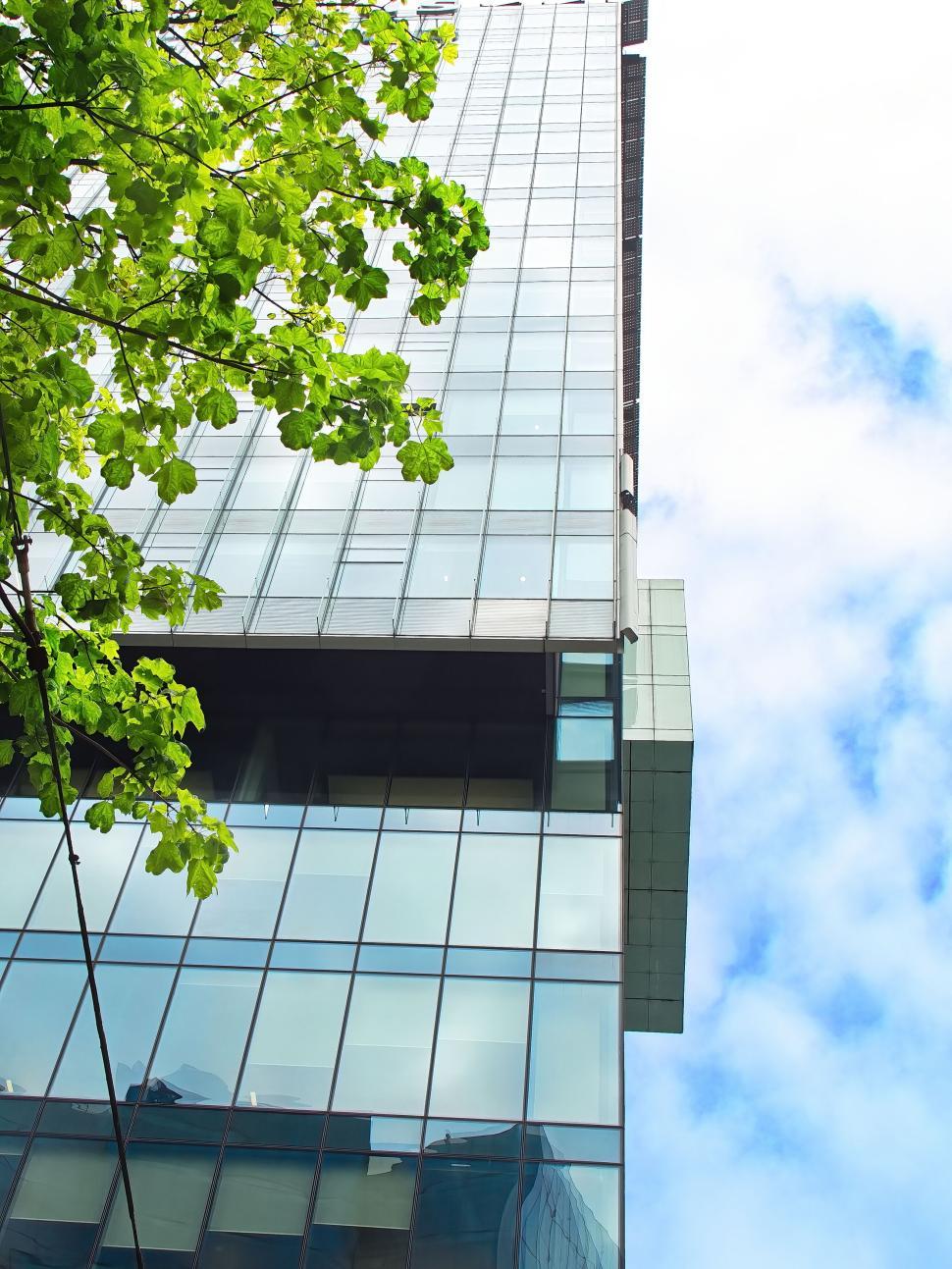 Free Image of Towering glass skyscraper with green foliage in foreground 
