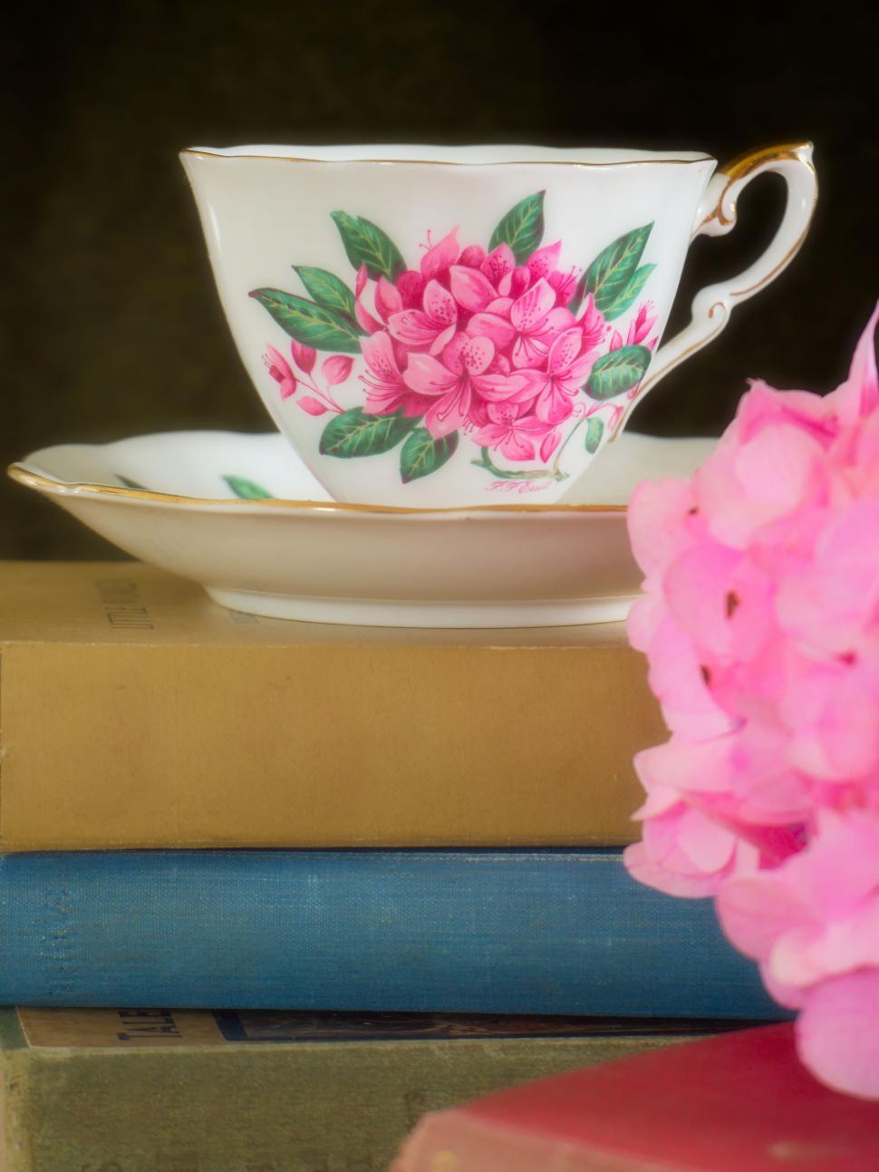 Free Image of Elegant floral teacup and saucer set atop stacked books. 