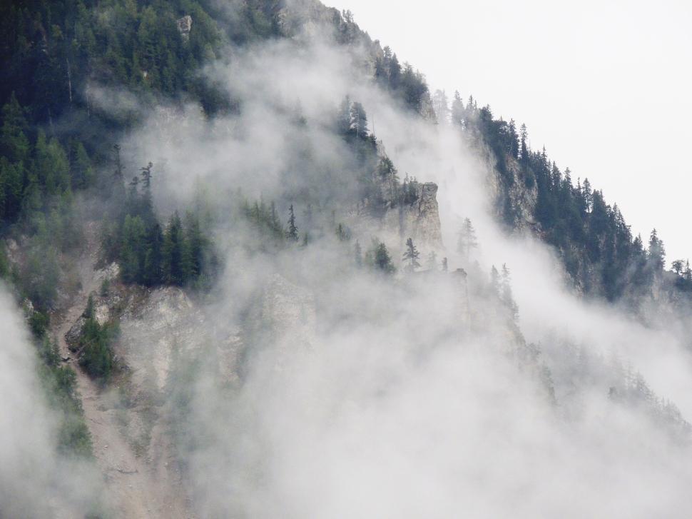 Free Image of Misty mountain landscape with fog-covered treetops 