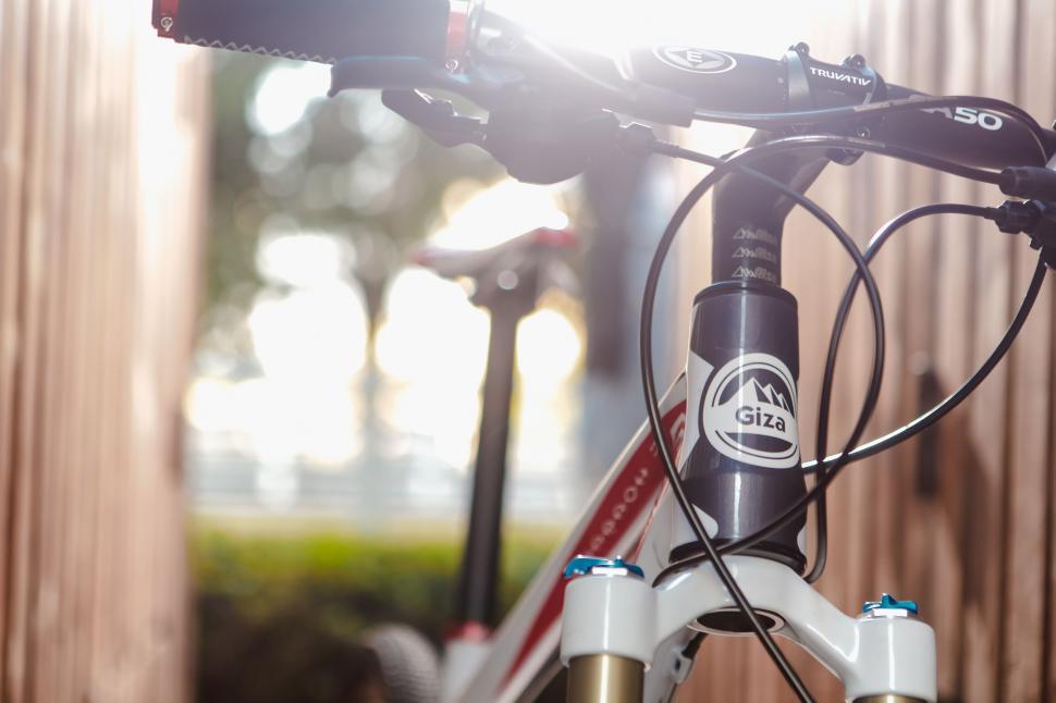 Free Image of Close-up of mountain bike s front suspension and frame. 