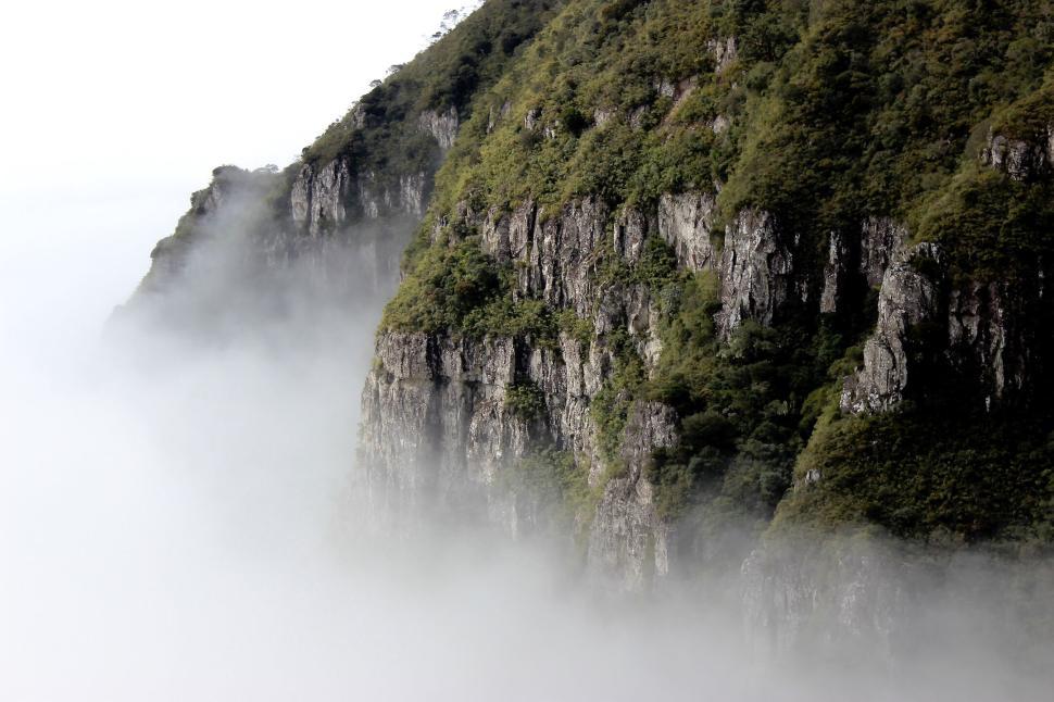 Free Image of Misty cliffside view with lush greenery and rocky face 