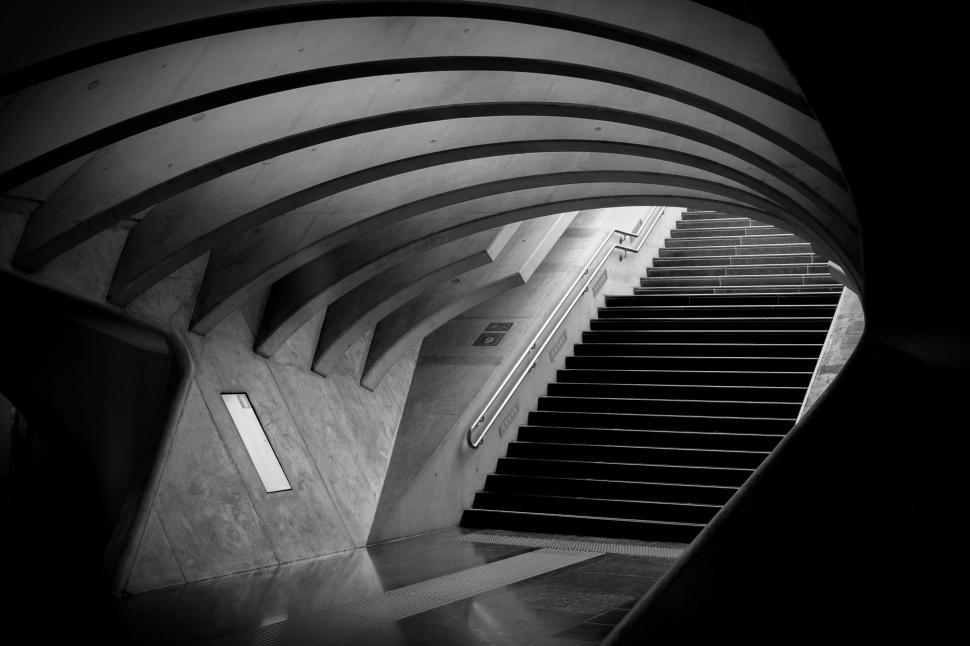 Free Image of Modern architectural interior with abstract staircase design. 