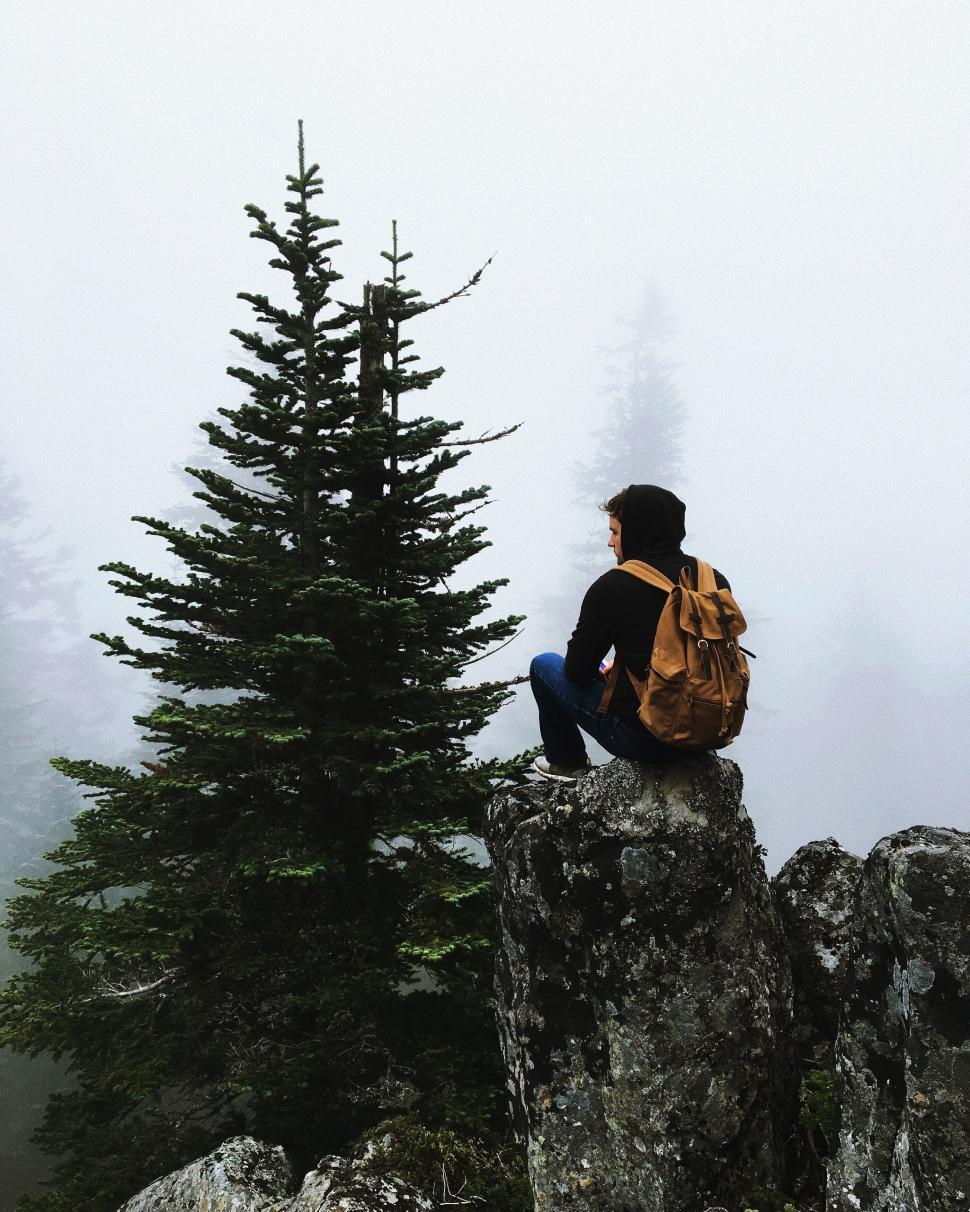 Free Image of Person sitting on rocky cliff in misty forest with backpack 