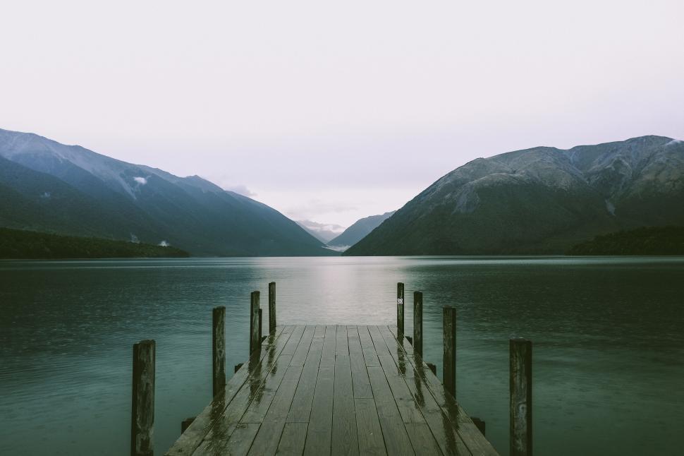 Free Image of Serene lake view from wooden pier at twilight hour. 