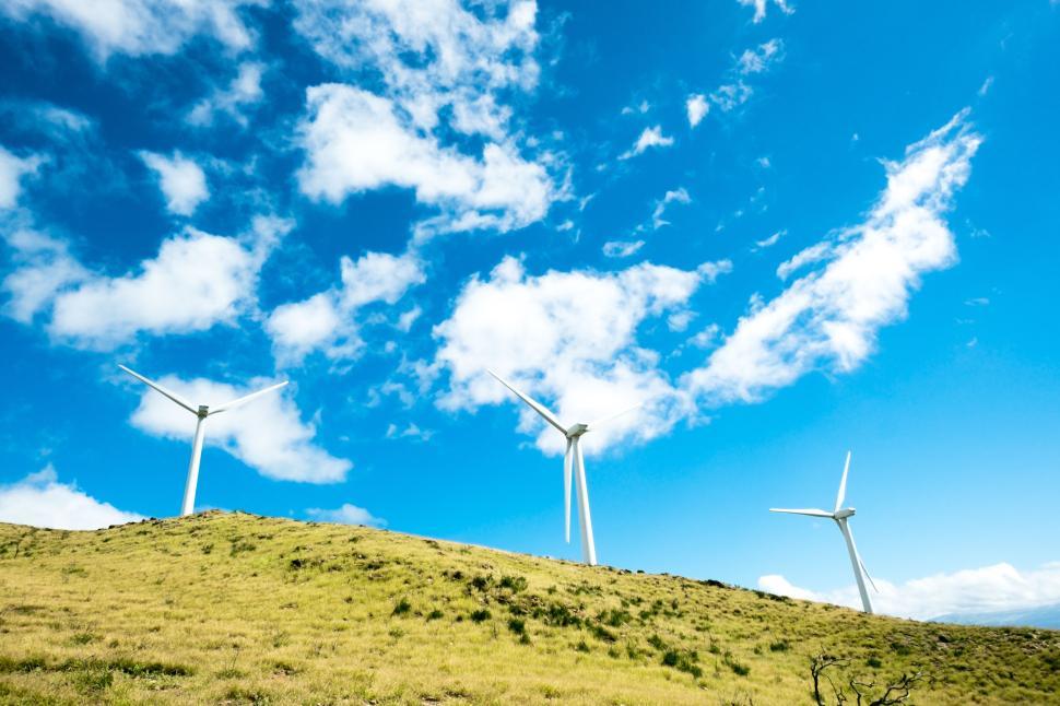 Free Image of Wind turbines on a grassy hill under blue sky. 